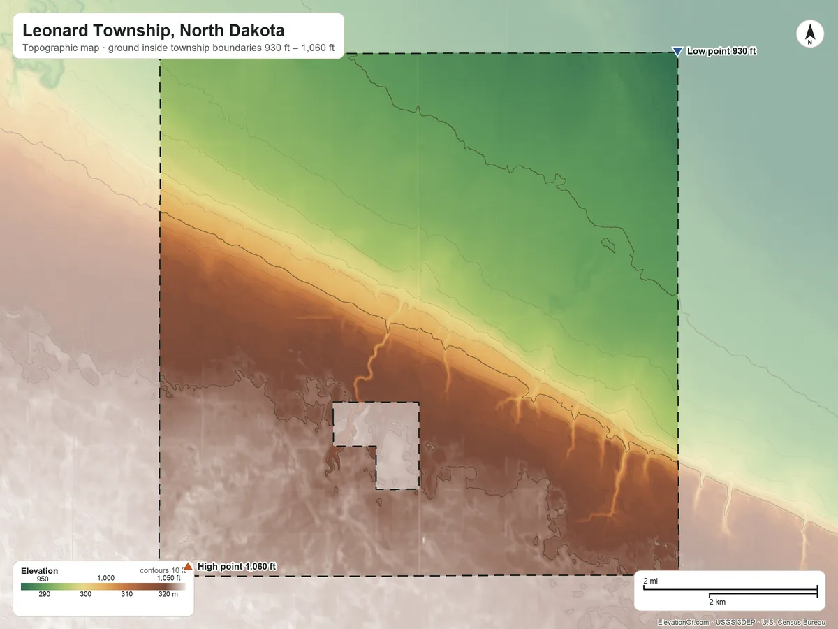 Topographic elevation map of Leonard Township, North Dakota, shaded from 930 ft on the northeast side to 1,060 ft on the southwest side