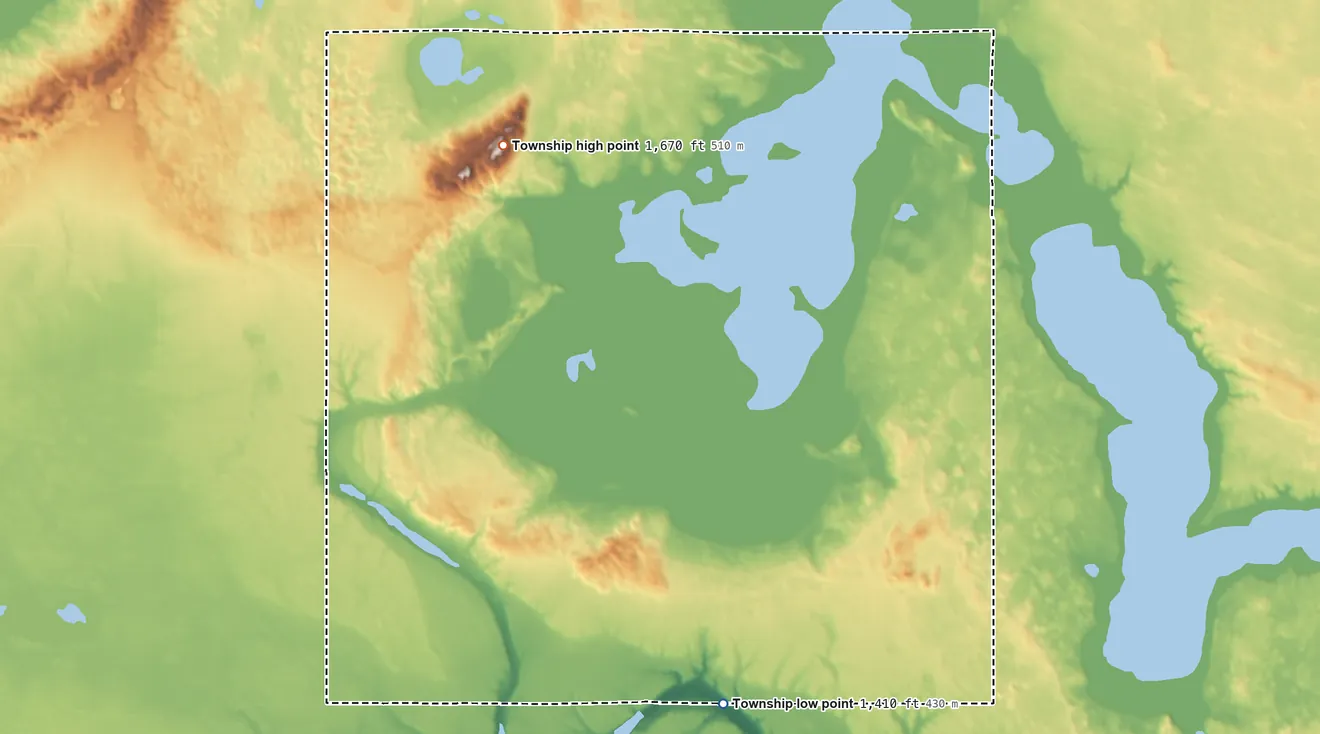 Topographic elevation map of Leval Township, North Dakota, shaded from 1,410 ft on the south side to 1,670 ft on Blue Mountain