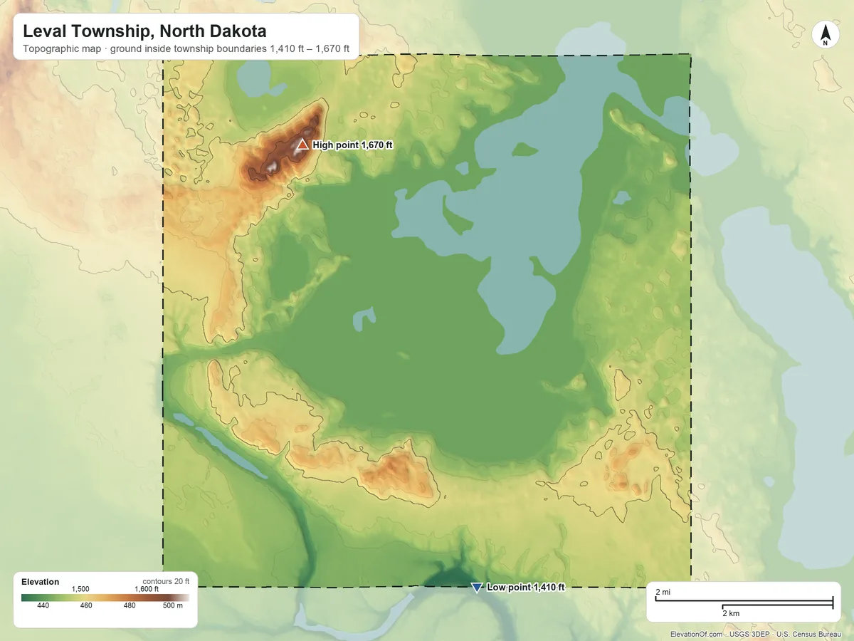Topographic elevation map of Leval Township, North Dakota, shaded from 1,410 ft on the south side to 1,670 ft on Blue Mountain