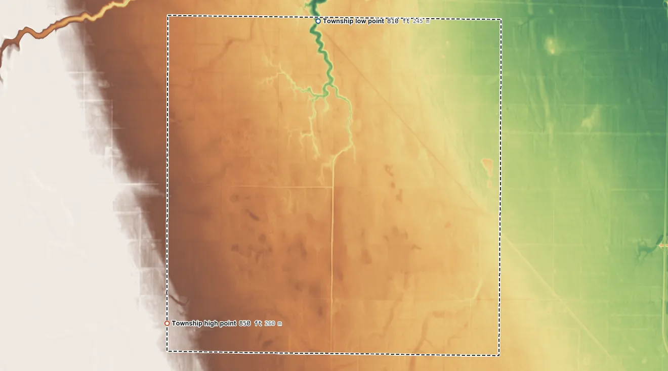Topographic elevation map of Levant Township, North Dakota, shaded from 810 ft on the north side to 850 ft on the southwest side