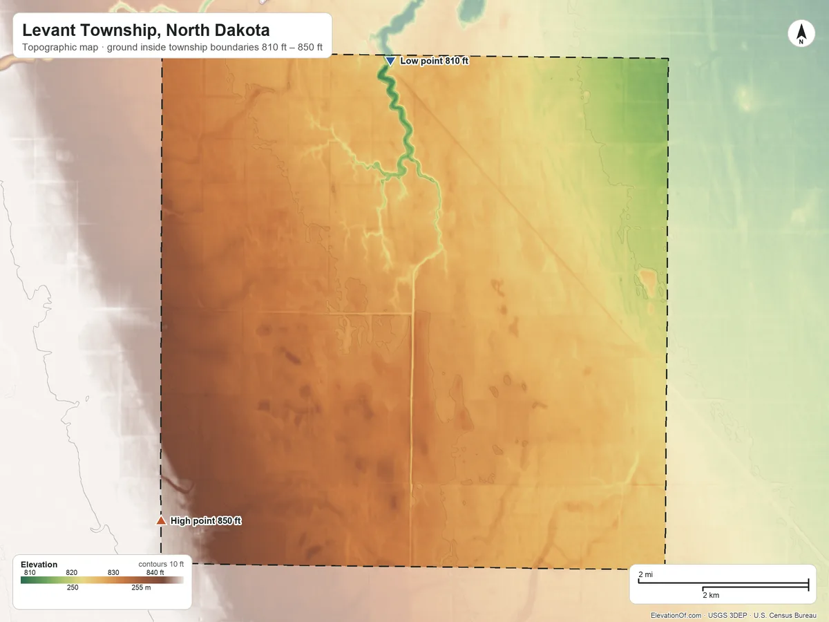 Topographic elevation map of Levant Township, North Dakota, shaded from 810 ft on the north side to 850 ft on the southwest side