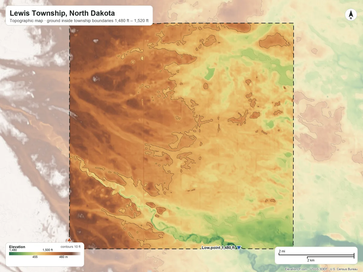 Topographic elevation map of Lewis Township, North Dakota, shaded from 1,480 ft on the southeast side to 1,520 ft on the southwest side