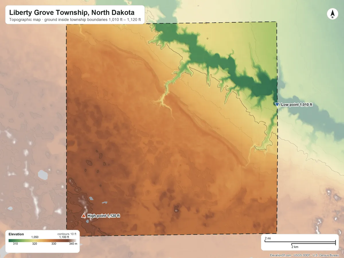 Topographic elevation map of Liberty Grove Township, North Dakota, shaded from 1,010 ft on the northeast side to 1,120 ft on the southwest side
