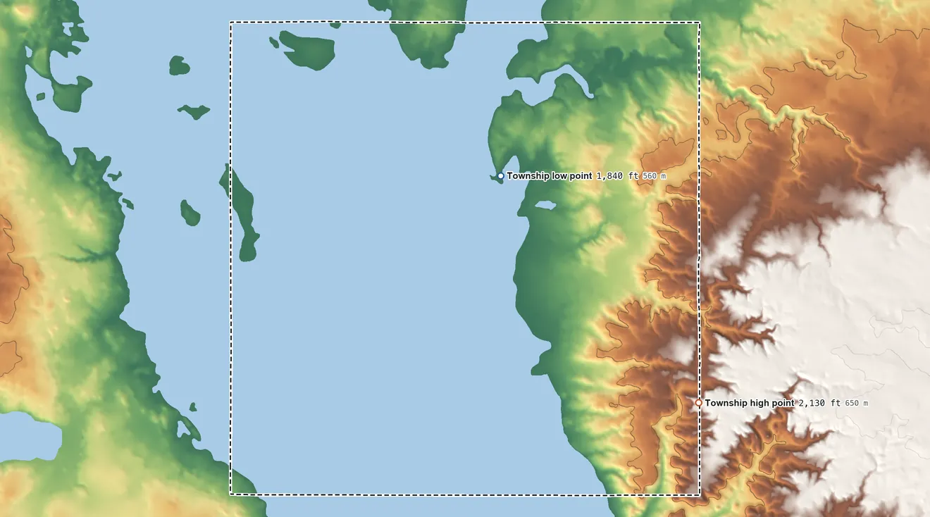 Topographic elevation map of Liberty Township, Mountrail County, North Dakota, shaded from 1,840 ft on the southwest side to 2,130 ft on the south side