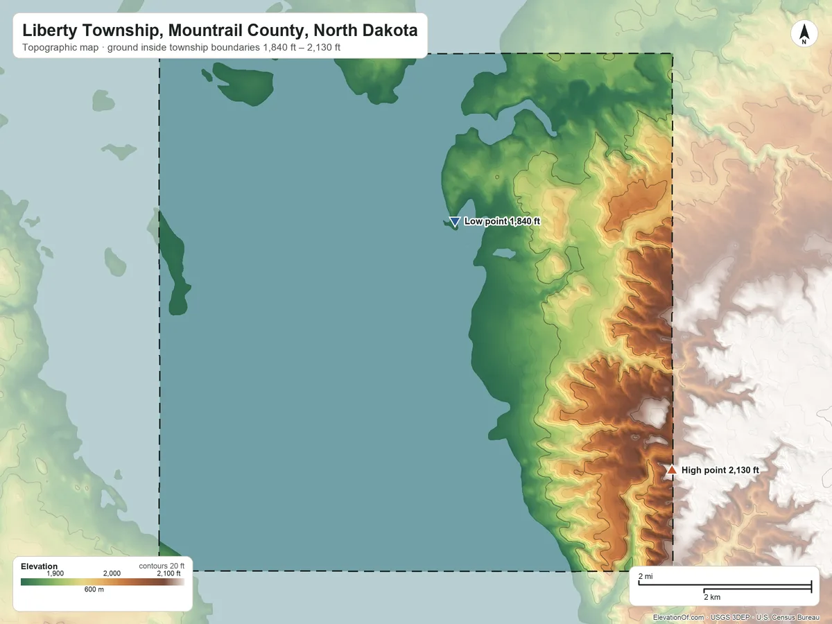 Topographic elevation map of Liberty Township, Mountrail County, North Dakota, shaded from 1,840 ft on the southwest side to 2,130 ft on the south side