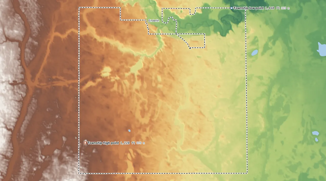 Topographic elevation map of Liberty Township, North Dakota, shaded from 1,040 ft on the northeast side to 1,220 ft on the southwest side