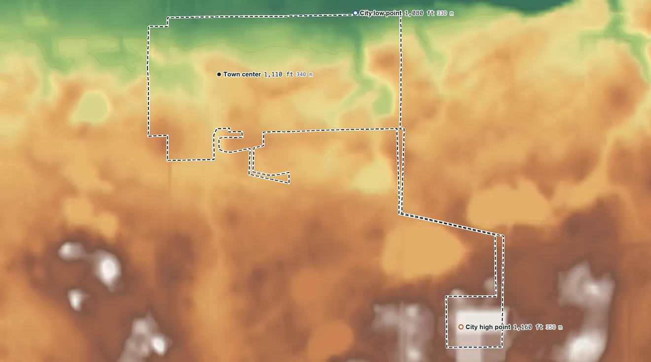 Topographic elevation map of Lidgerwood, North Dakota, shaded from 1,080 ft on the northeast side to 1,160 ft on the southeast side