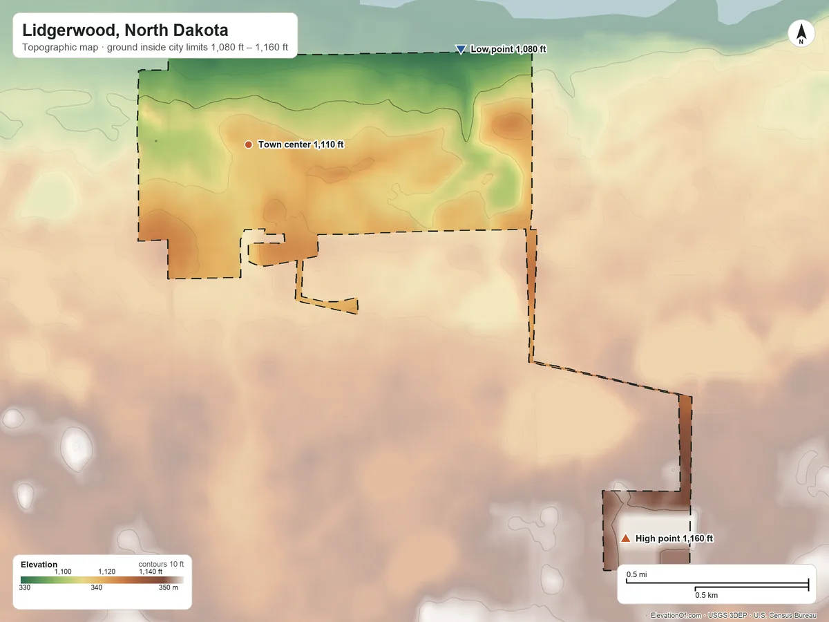 Topographic elevation map of Lidgerwood, North Dakota, shaded from 1,080 ft on the northeast side to 1,160 ft on the southeast side