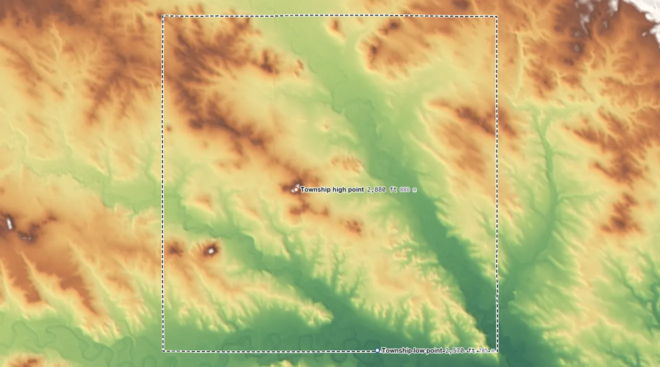 Topographic elevation map of Lightning Creek Township, North Dakota, shaded from 2,570 ft on the southeast side to 2,880 ft on Cow Butte