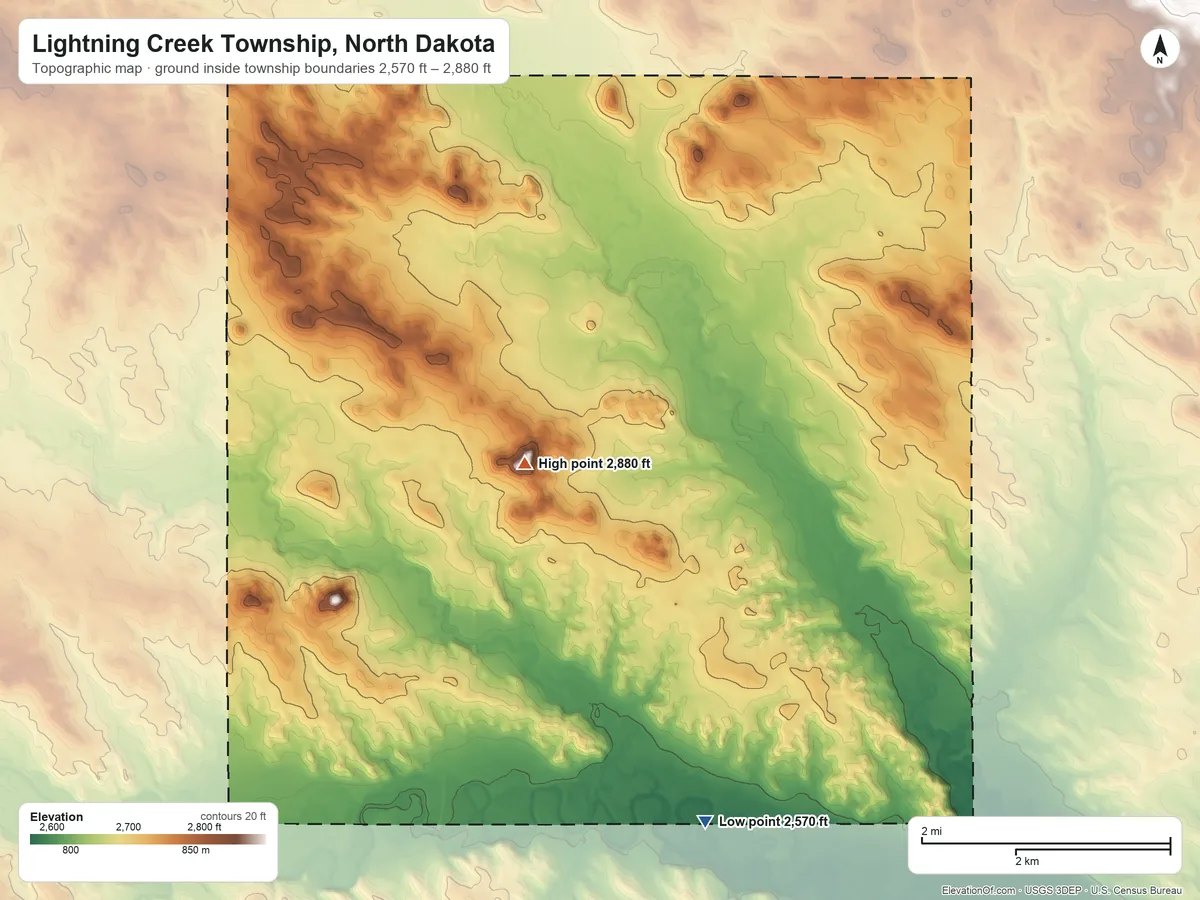 Topographic elevation map of Lightning Creek Township, North Dakota, shaded from 2,570 ft on the southeast side to 2,880 ft on Cow Butte