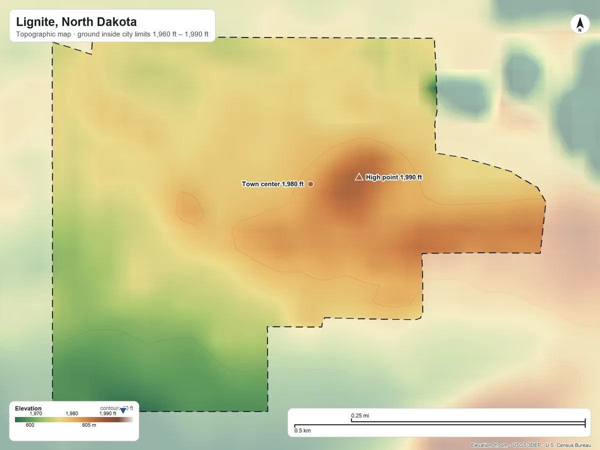 Topographic elevation map of Lignite, North Dakota, shaded from 1,960 ft on the southwest side to 1,990 ft near the middle