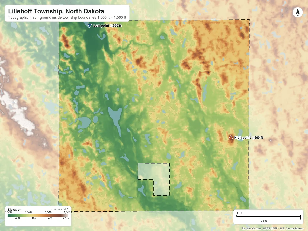 Topographic elevation map of Lillehoff Township, North Dakota, shaded from 1,500 ft on the northwest side to 1,560 ft on the east side