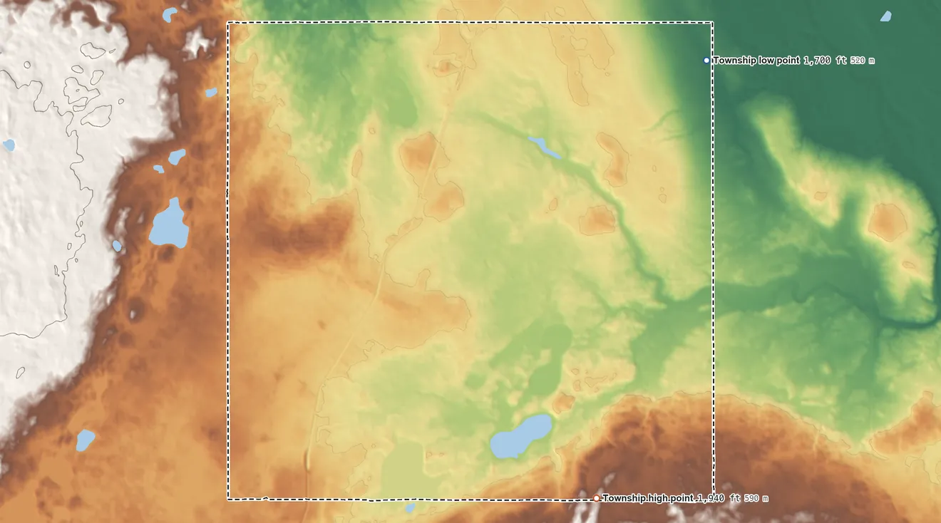 Topographic elevation map of Lincoln Dale Township, North Dakota, shaded from 1,700 ft on the east side to 1,940 ft on the south side