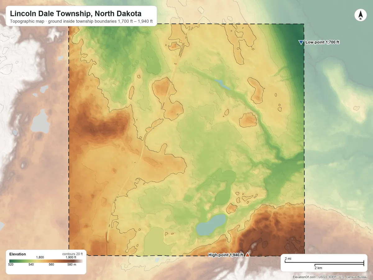 Topographic elevation map of Lincoln Dale Township, North Dakota, shaded from 1,700 ft on the east side to 1,940 ft on the south side