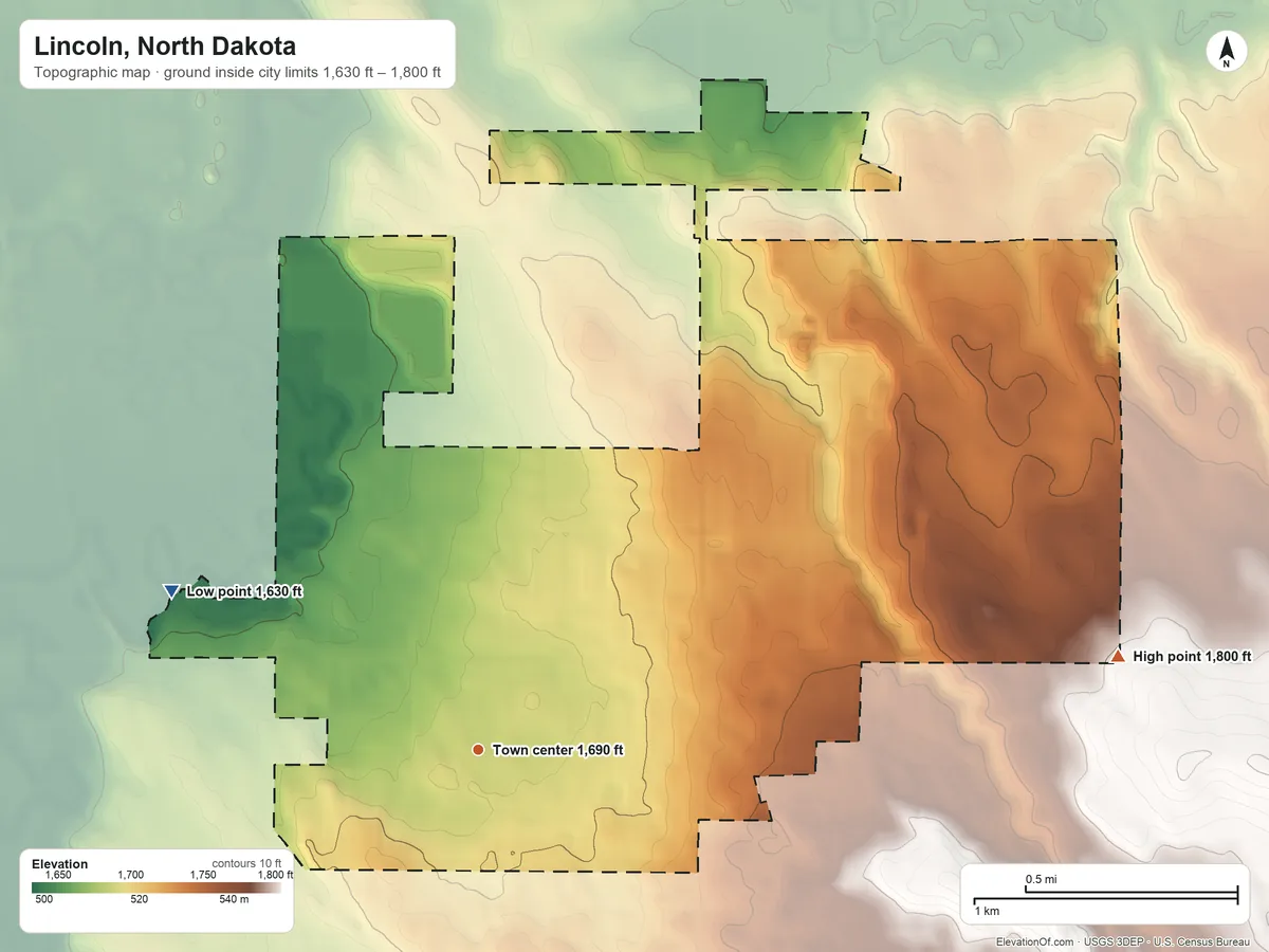 Topographic elevation map of Lincoln, North Dakota, shaded from 1,630 ft on the northwest side to 1,800 ft on the east side