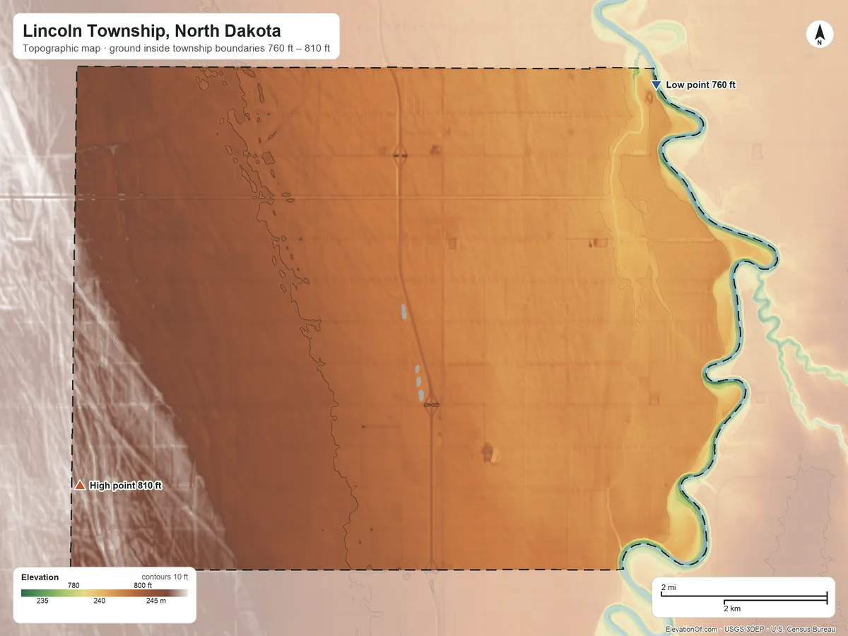 Topographic elevation map of Lincoln Township, North Dakota, shaded from 760 ft on the northeast side to 810 ft on the southwest side