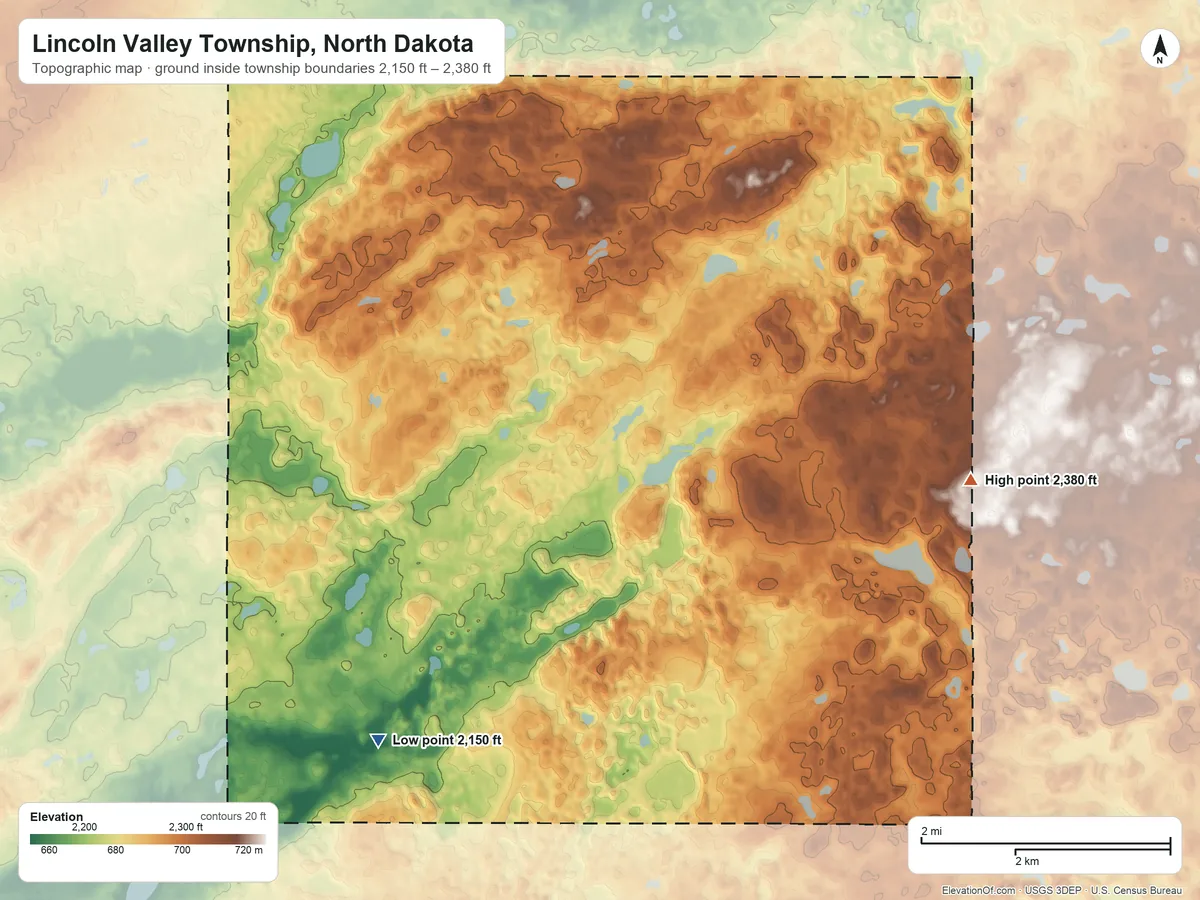 Topographic elevation map of Lincoln Valley Township, North Dakota, shaded from 2,150 ft on the southwest side to 2,380 ft on the east side