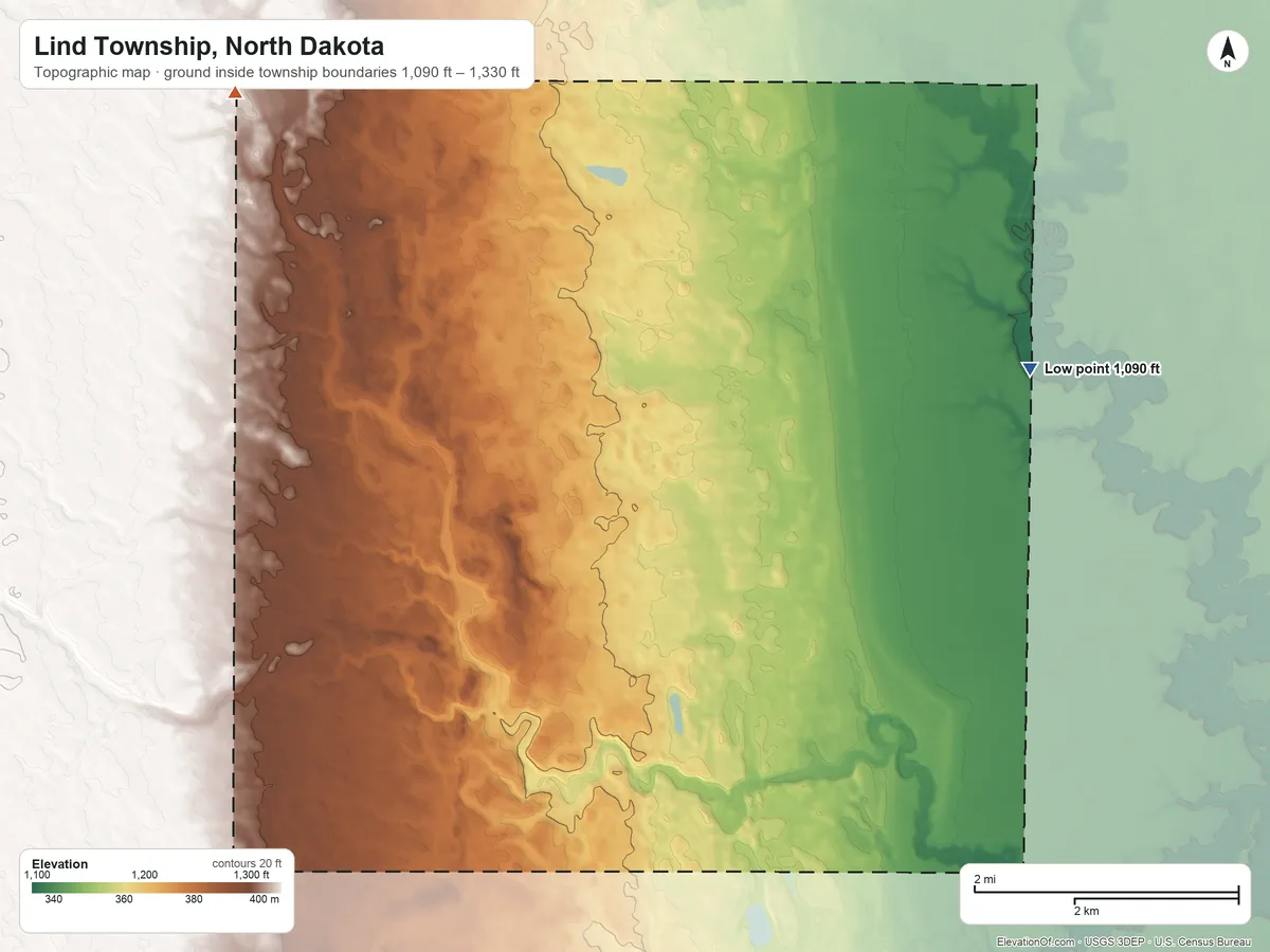 Topographic elevation map of Lind Township, North Dakota, shaded from 1,090 ft on the northeast side to 1,330 ft on the northwest side