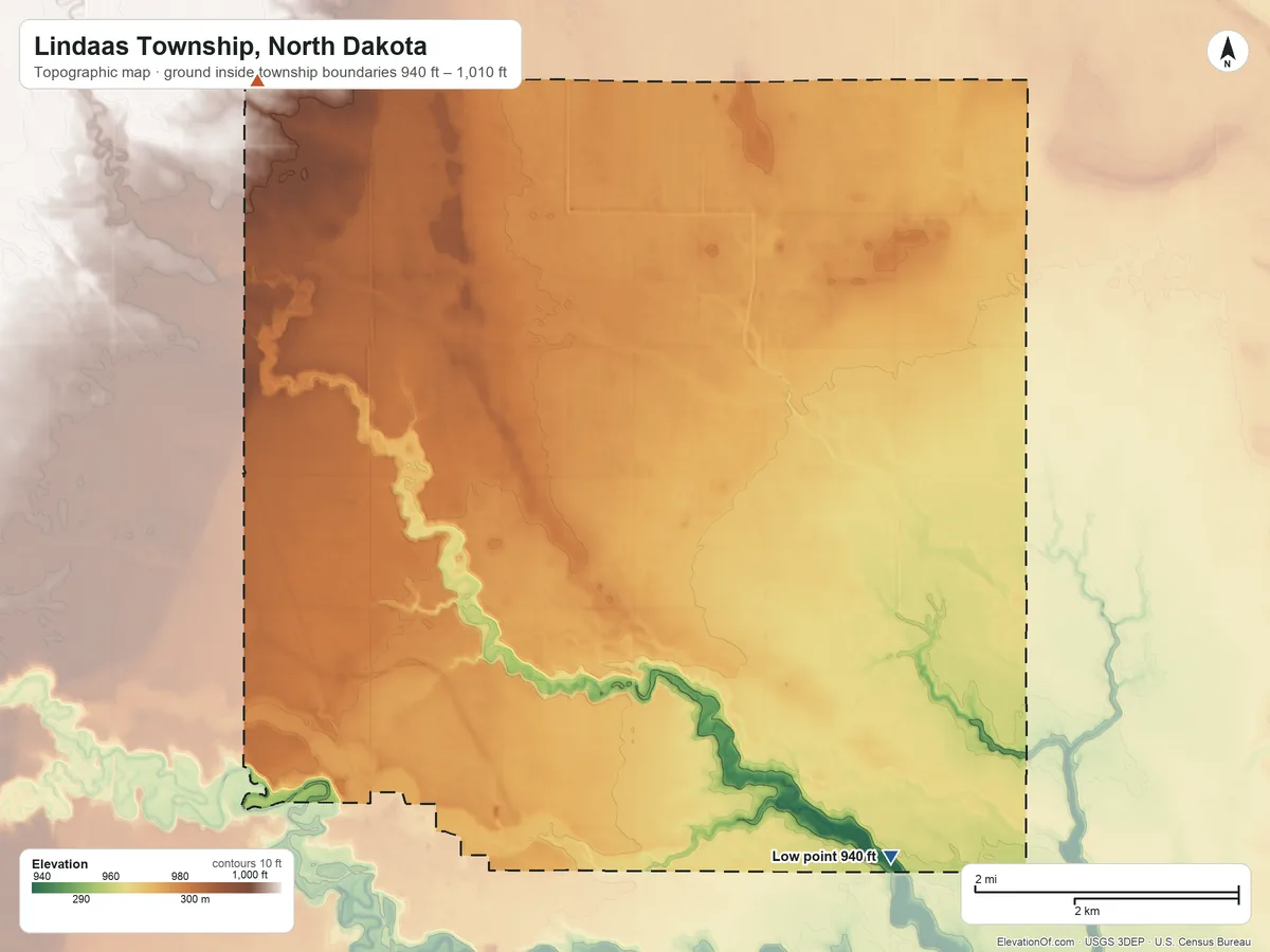 Topographic elevation map of Lindaas Township, North Dakota, shaded from 940 ft on the southeast side to 1,010 ft on the northwest side