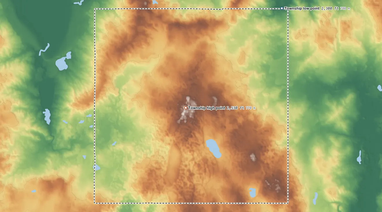 Topographic elevation map of Lindahl Township, North Dakota, shaded from 2,300 ft on the north side to 2,530 ft on the northwest side