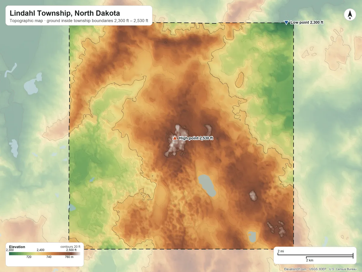 Topographic elevation map of Lindahl Township, North Dakota, shaded from 2,300 ft on the north side to 2,530 ft on the northwest side