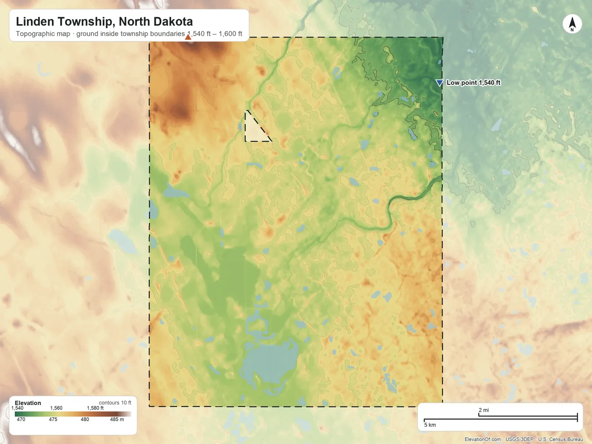 Topographic elevation map of Linden Township, North Dakota, shaded from 1,540 ft on the northeast side to 1,600 ft on the northwest side