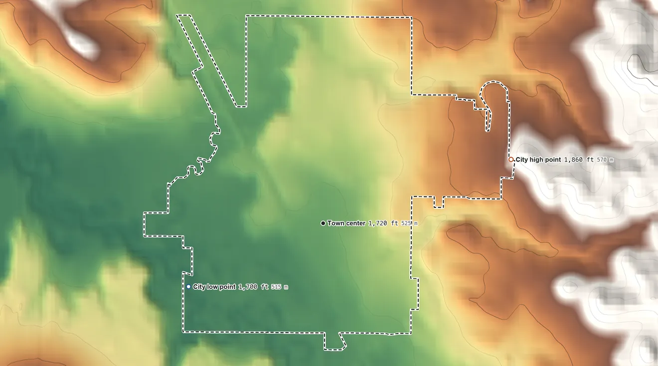 Topographic elevation map of Linton, North Dakota, shaded from 1,700 ft on the southwest side to 1,860 ft on the east side