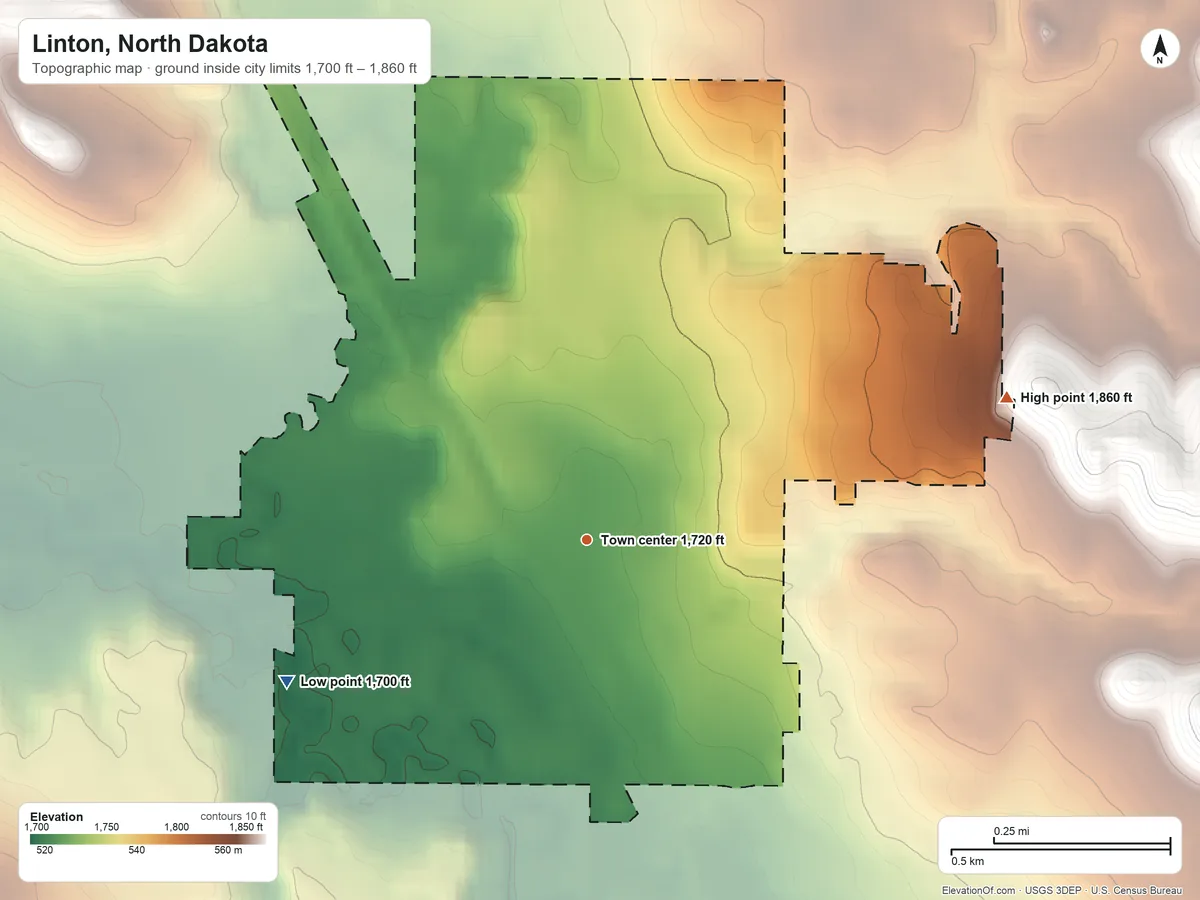 Topographic elevation map of Linton, North Dakota, shaded from 1,700 ft on the southwest side to 1,860 ft on the east side