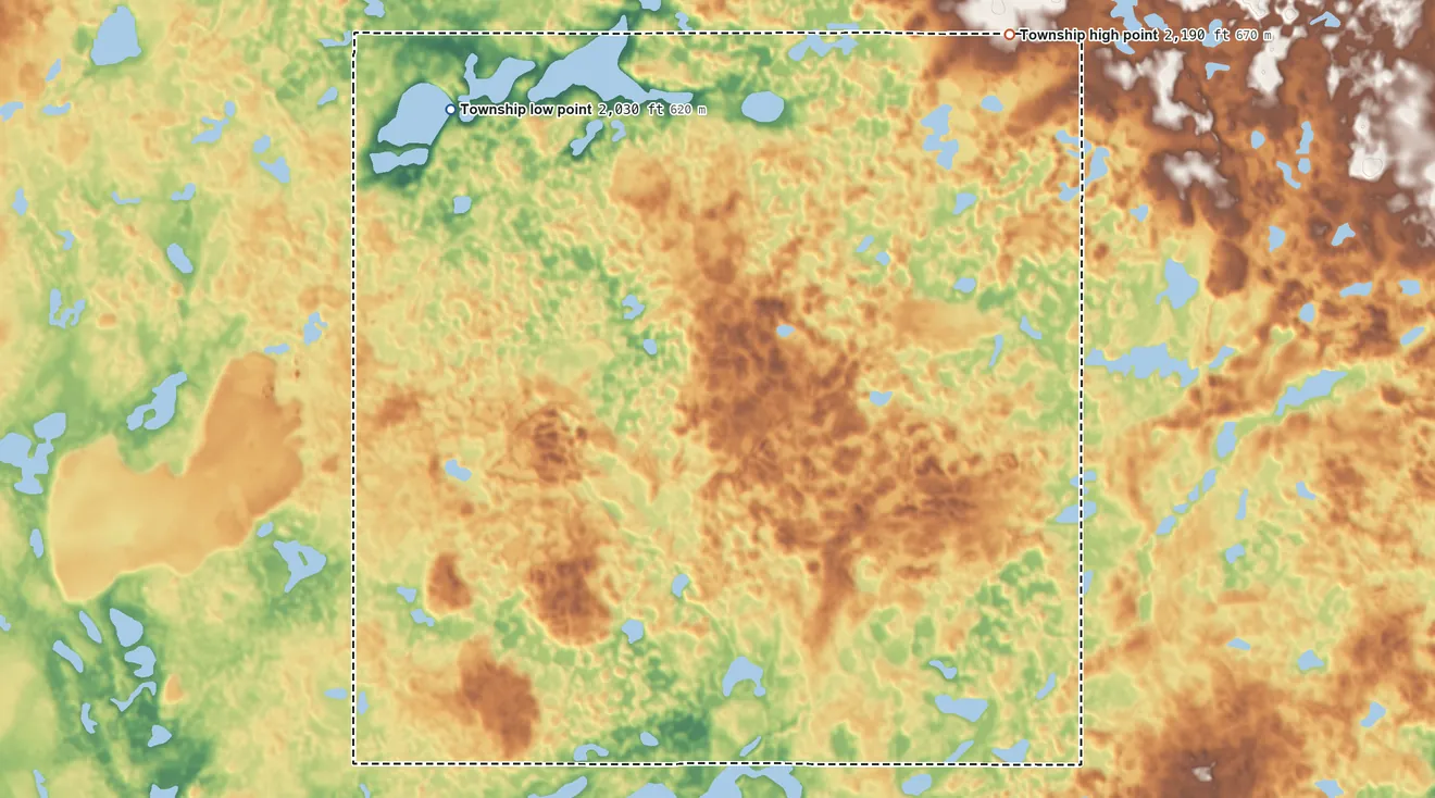 Topographic elevation map of Linton Township, North Dakota, shaded from 2,030 ft on the northwest side to 2,190 ft on the northeast side
