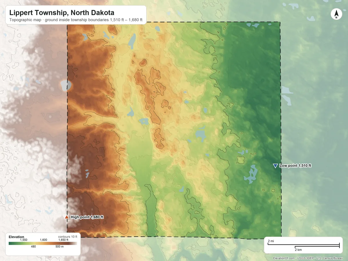 Topographic elevation map of Lippert Township, North Dakota, shaded from 1,510 ft on the southeast side to 1,680 ft on the southwest side
