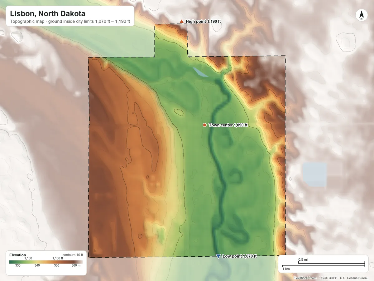 Topographic elevation map of Lisbon, North Dakota, shaded from 1,070 ft on the south side to 1,190 ft on the north side