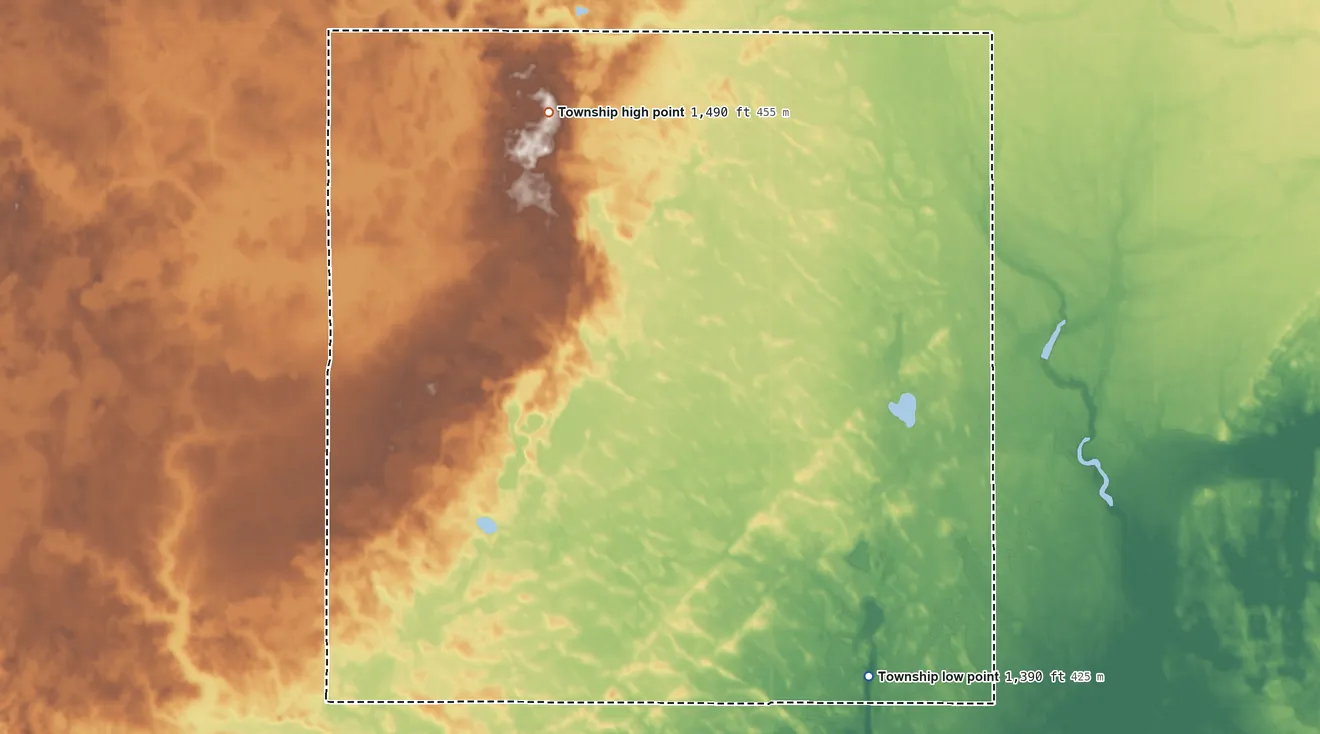 Topographic elevation map of Litchville Township, North Dakota, shaded from 1,390 ft on the southeast side to 1,490 ft on the northwest side