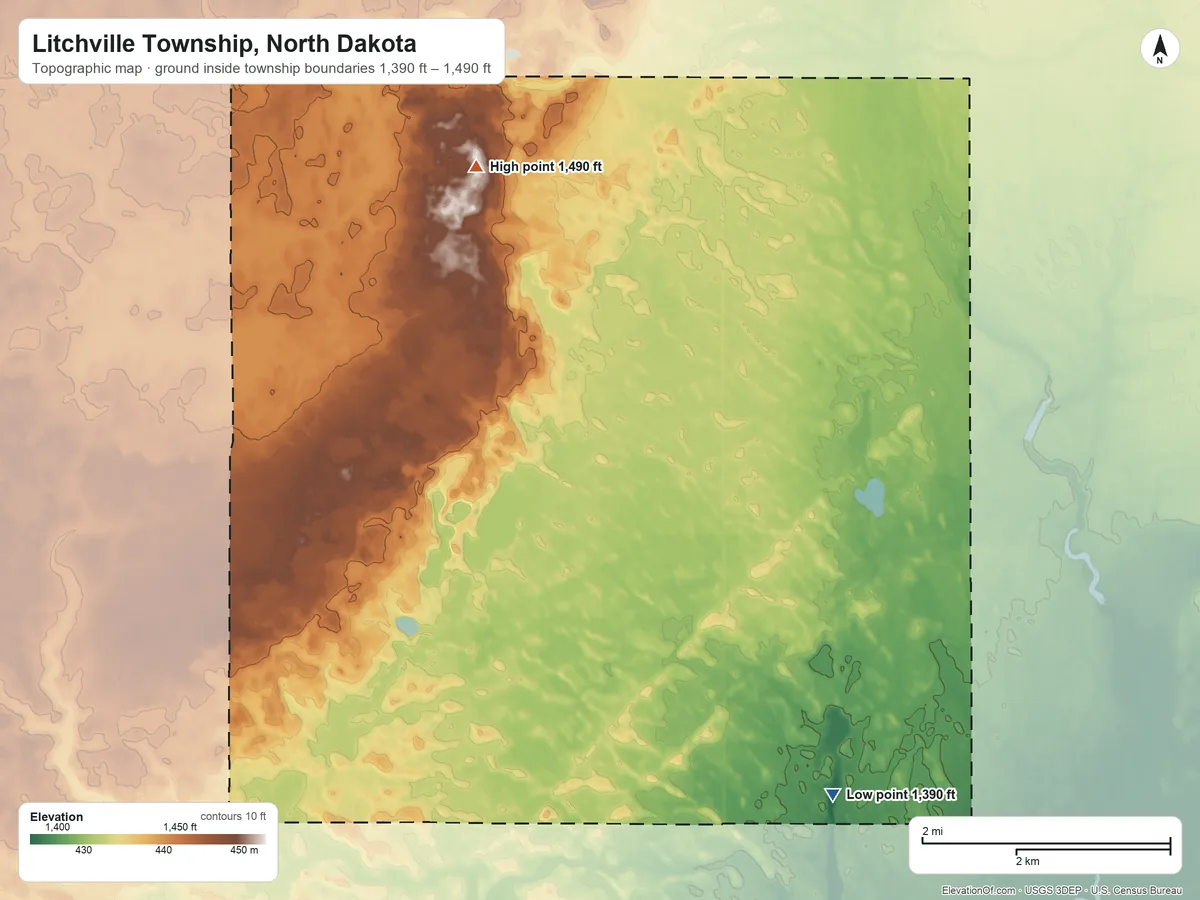 Topographic elevation map of Litchville Township, North Dakota, shaded from 1,390 ft on the southeast side to 1,490 ft on the northwest side