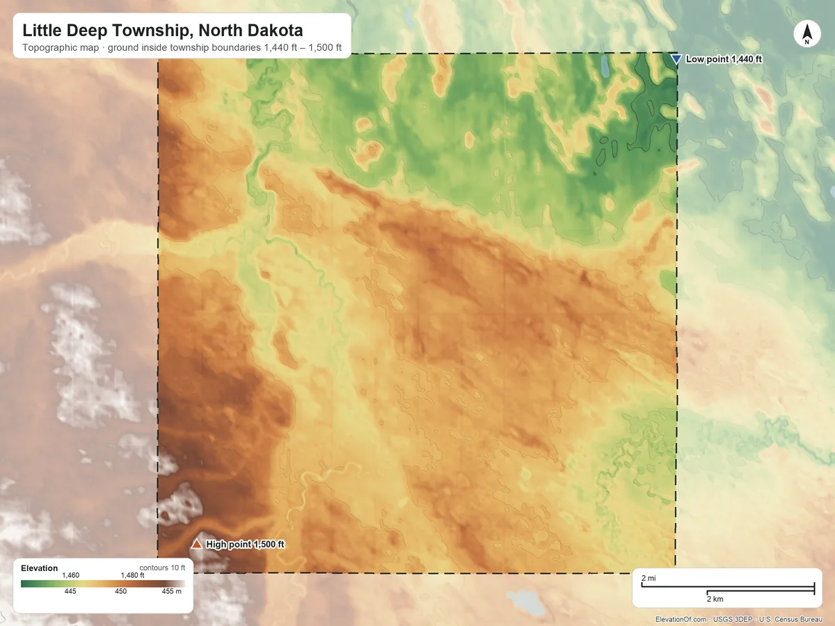 Topographic elevation map of Little Deep Township, North Dakota, shaded from 1,440 ft on the northeast side to 1,500 ft on the southwest side