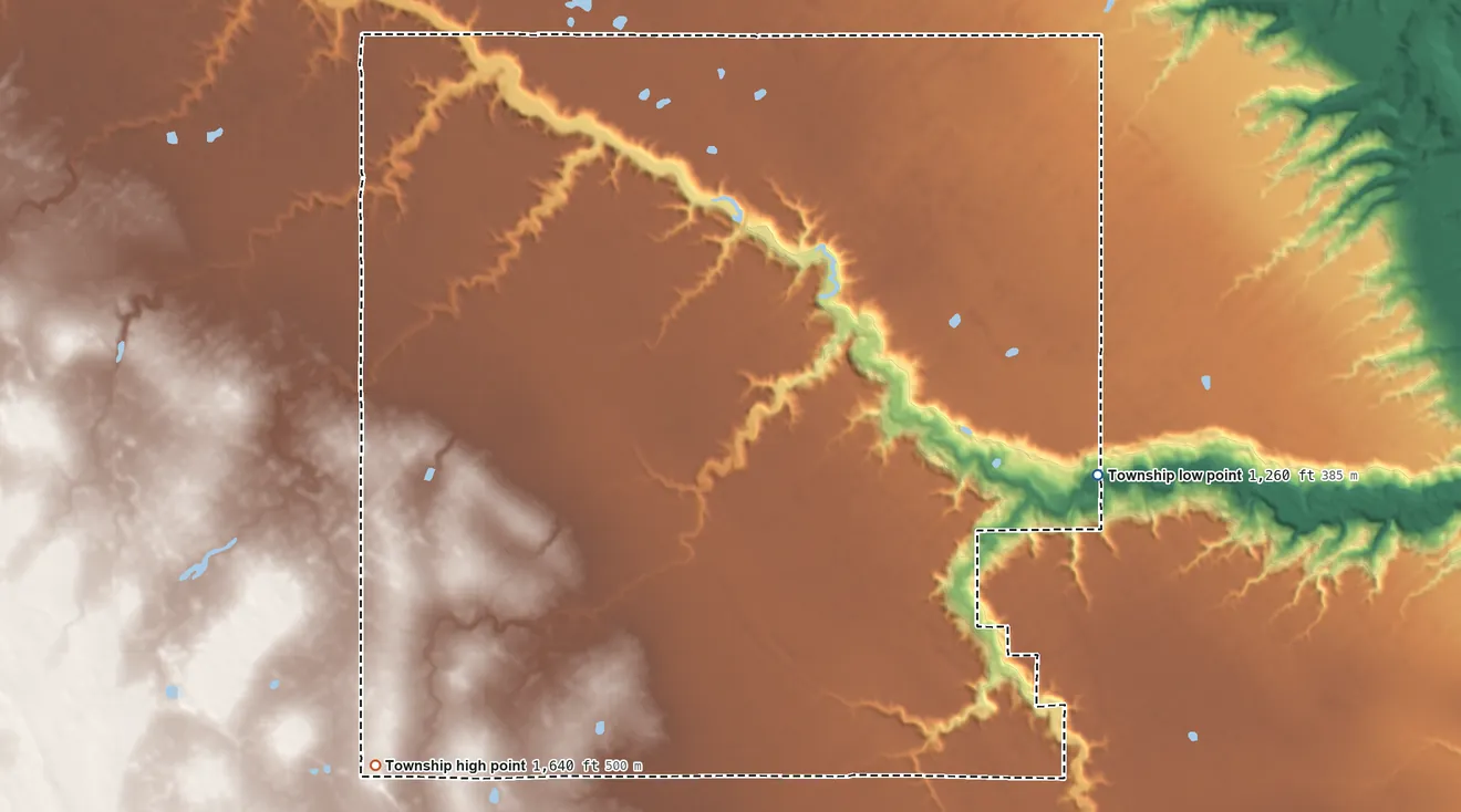 Topographic elevation map of Loam Township, North Dakota, shaded from 1,260 ft on the east side to 1,640 ft on the southwest side