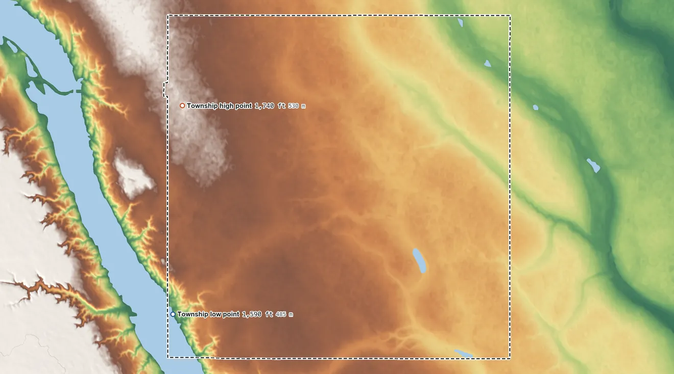 Topographic elevation map of Lockwood Township, North Dakota, shaded from 1,590 ft on the west side to 1,740 ft on the northwest side