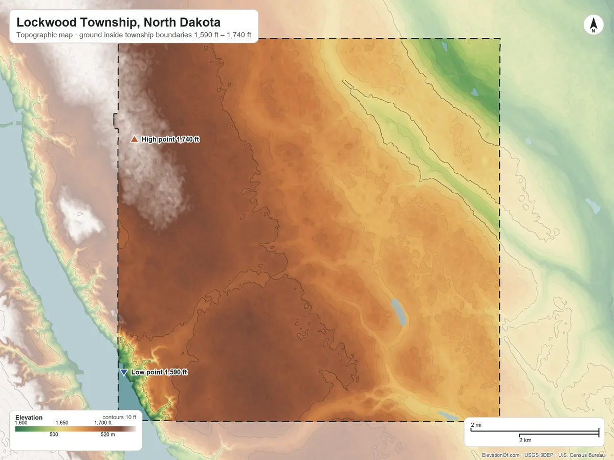 Topographic elevation map of Lockwood Township, North Dakota, shaded from 1,590 ft on the west side to 1,740 ft on the northwest side