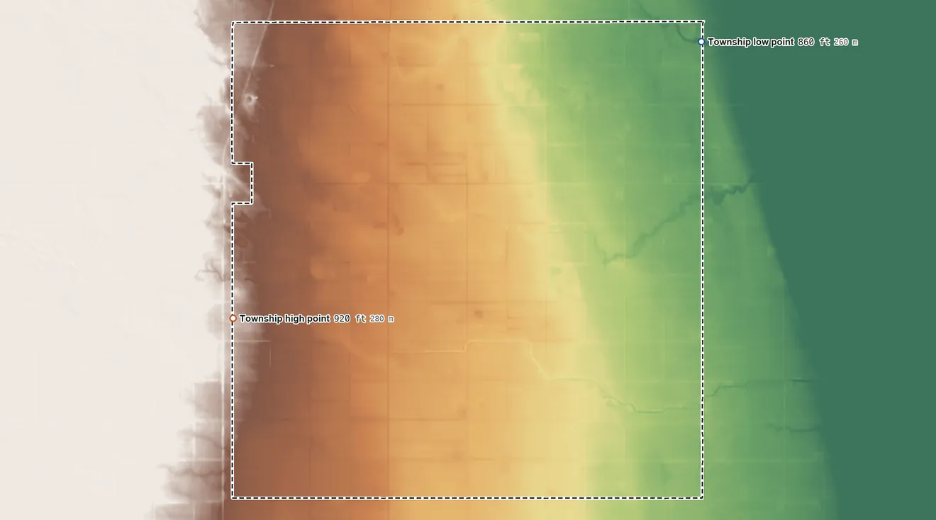 Topographic elevation map of Lodema Township, North Dakota, shaded from 860 ft on the northeast side to 920 ft on the west side
