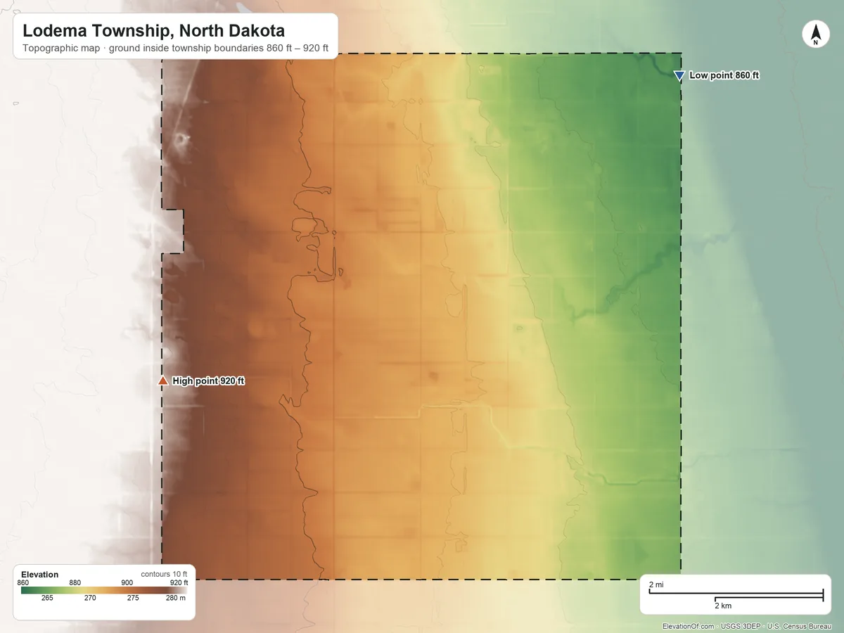 Topographic elevation map of Lodema Township, North Dakota, shaded from 860 ft on the northeast side to 920 ft on the west side