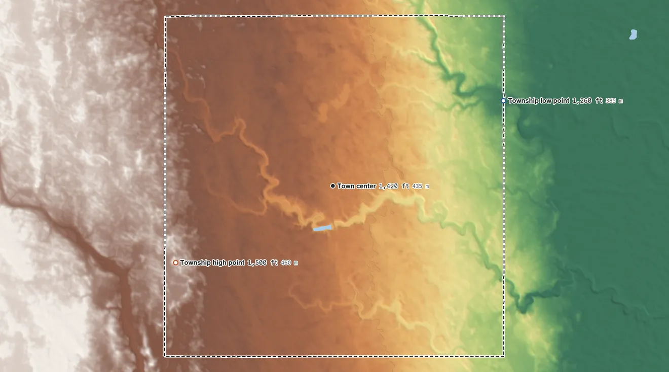 Topographic elevation map of Logan Center Township, North Dakota, shaded from 1,260 ft on the northeast side to 1,500 ft on the southwest side
