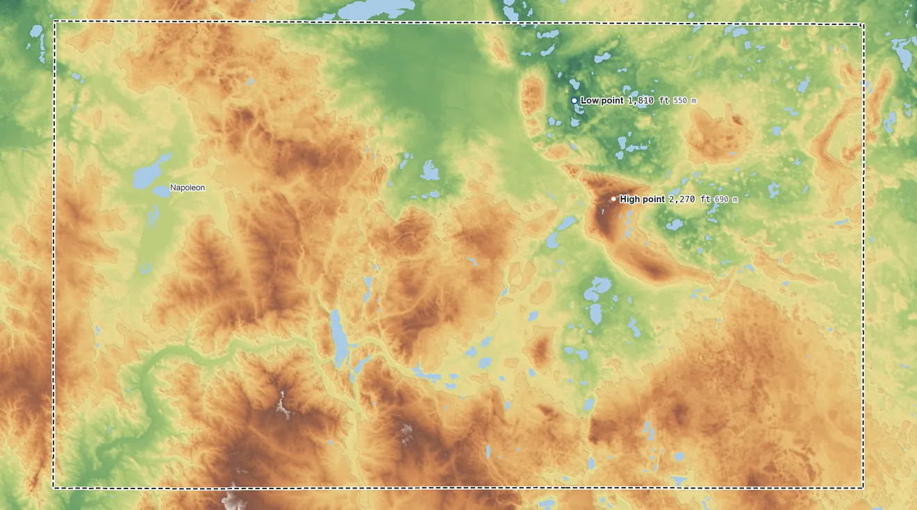 Topographic elevation map of Logan County, North Dakota, shaded from 1,810 ft on the northeast side to 2,270 ft on the east side