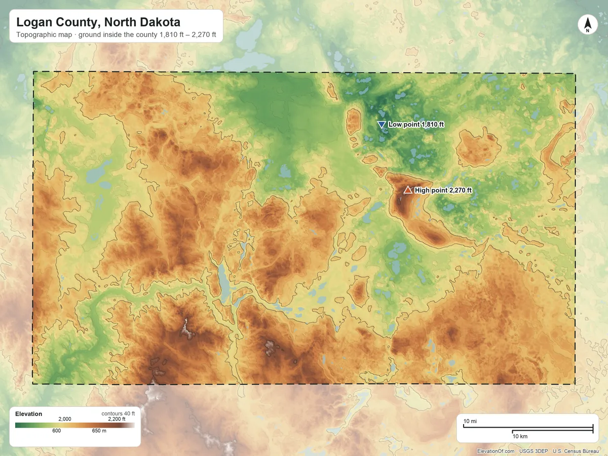 Topographic elevation map of Logan County, North Dakota, shaded from 1,810 ft on the northeast side to 2,270 ft on the east side