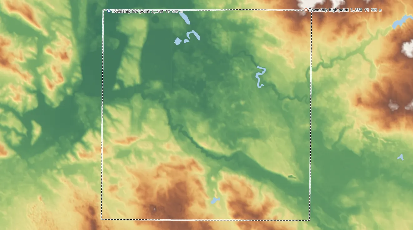 Topographic elevation map of Logan Township, North Dakota, shaded from 1,700 ft on the northwest side to 1,850 ft on the northeast side