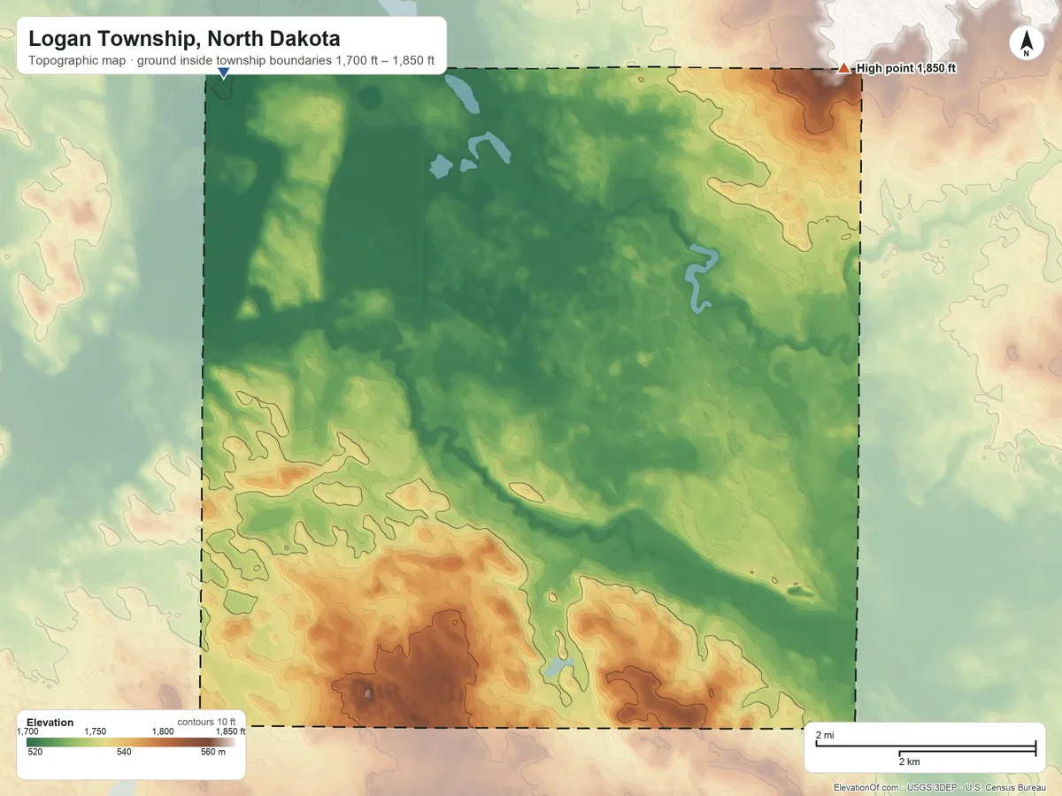 Topographic elevation map of Logan Township, North Dakota, shaded from 1,700 ft on the northwest side to 1,850 ft on the northeast side