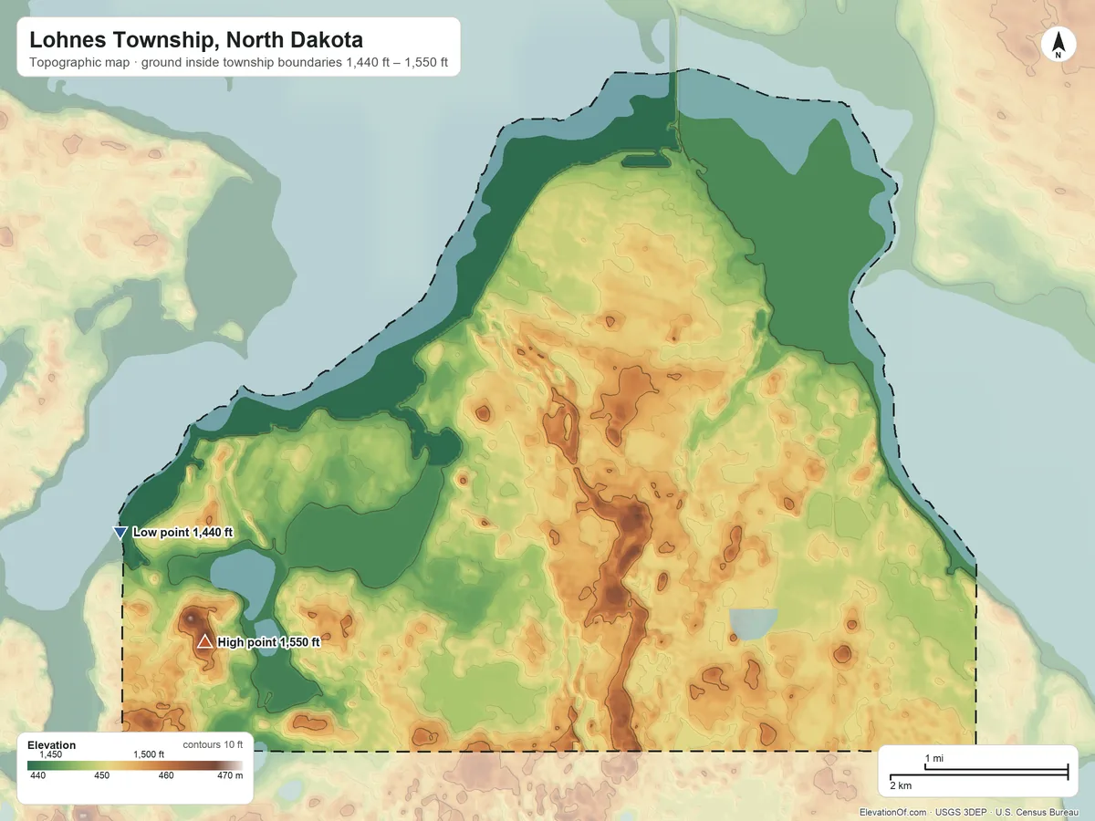 Topographic elevation map of Lohnes Township, North Dakota, shaded from 1,440 ft on the southwest side to 1,550 ft on the southwest side
