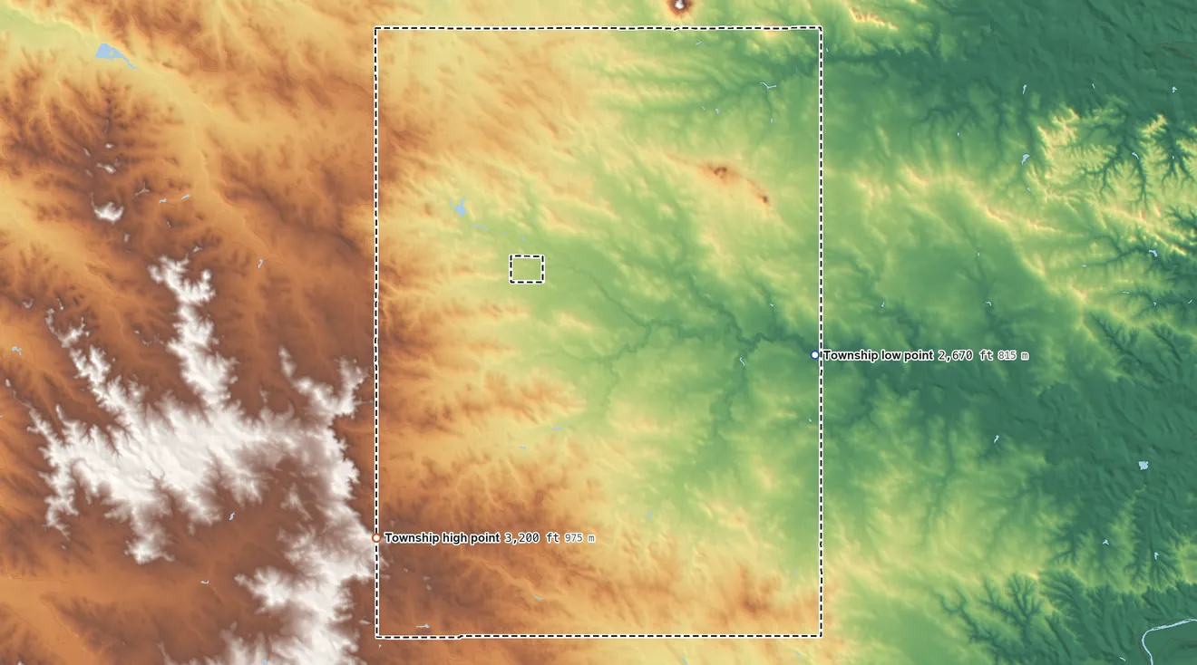 Topographic elevation map of Lone Tree Township, North Dakota, shaded from 2,670 ft on the east side to 3,200 ft on the southwest side