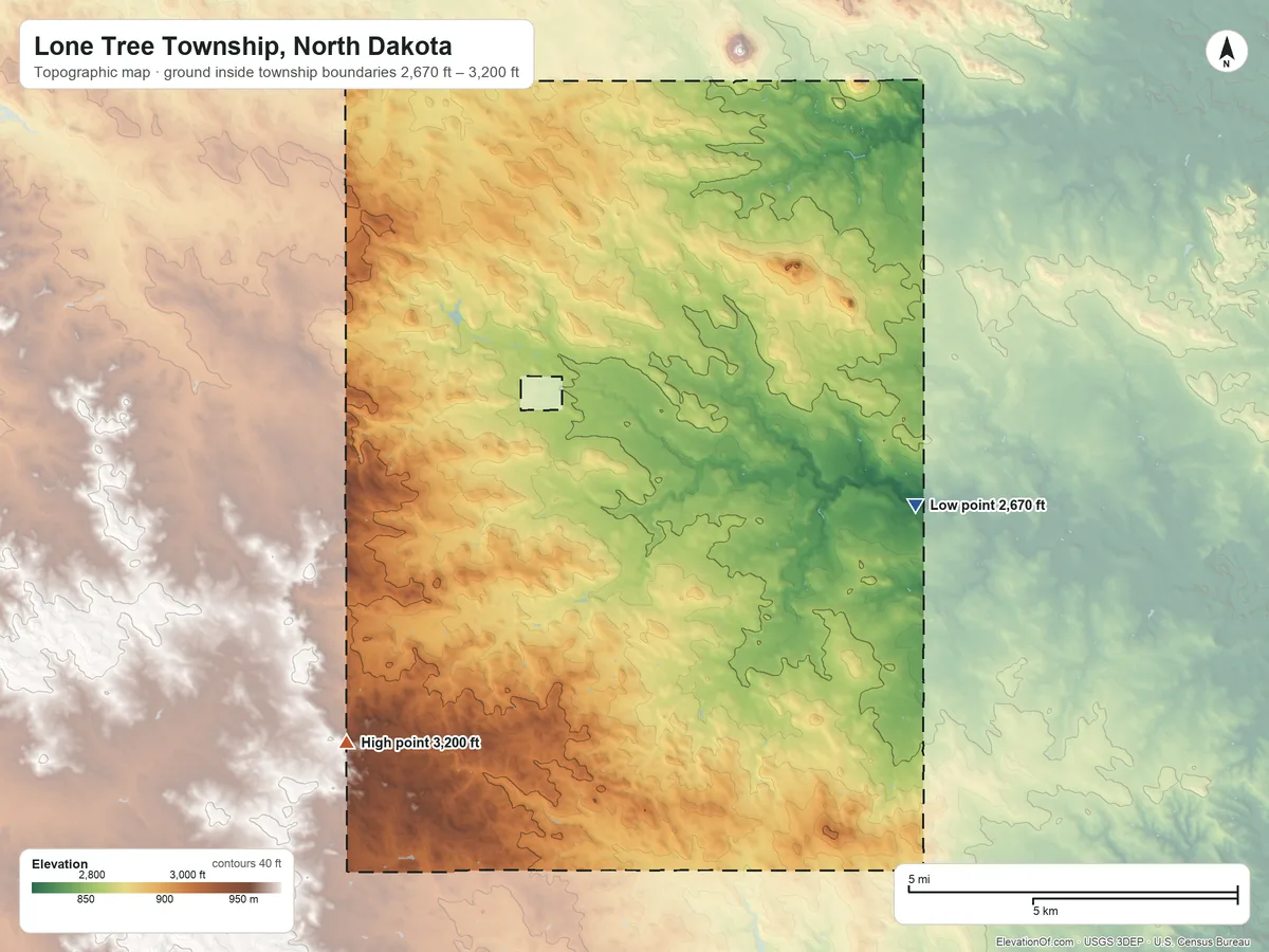 Topographic elevation map of Lone Tree Township, North Dakota, shaded from 2,670 ft on the east side to 3,200 ft on the southwest side