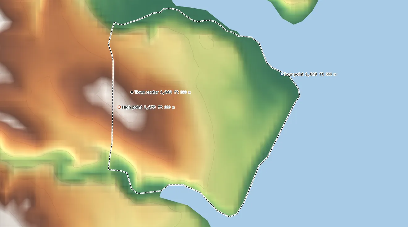 Topographic elevation map of Long Creek, North Dakota, shaded from 1,840 ft on the east side to 1,970 ft near the middle