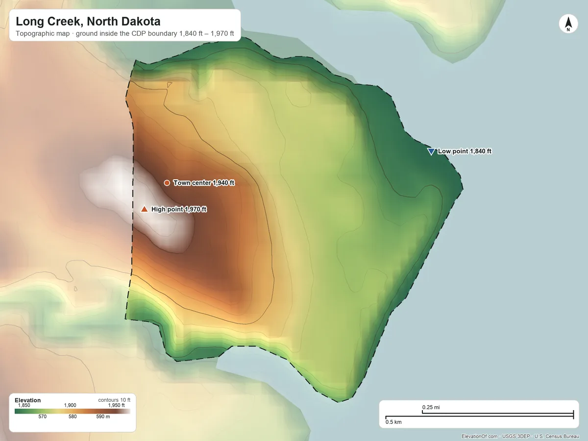 Topographic elevation map of Long Creek, North Dakota, shaded from 1,840 ft on the east side to 1,970 ft near the middle