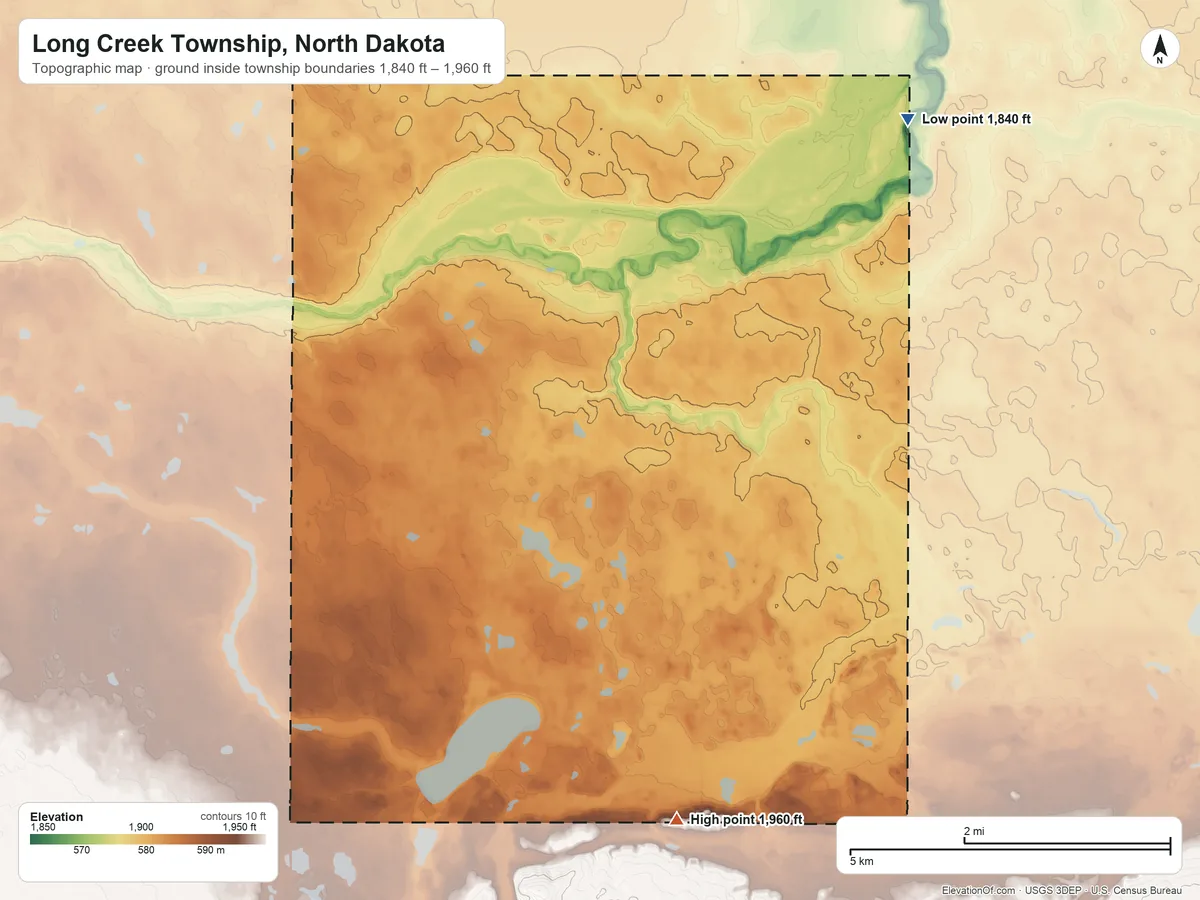 Topographic elevation map of Long Creek Township, North Dakota, shaded from 1,840 ft on the northeast side to 1,960 ft on the south side